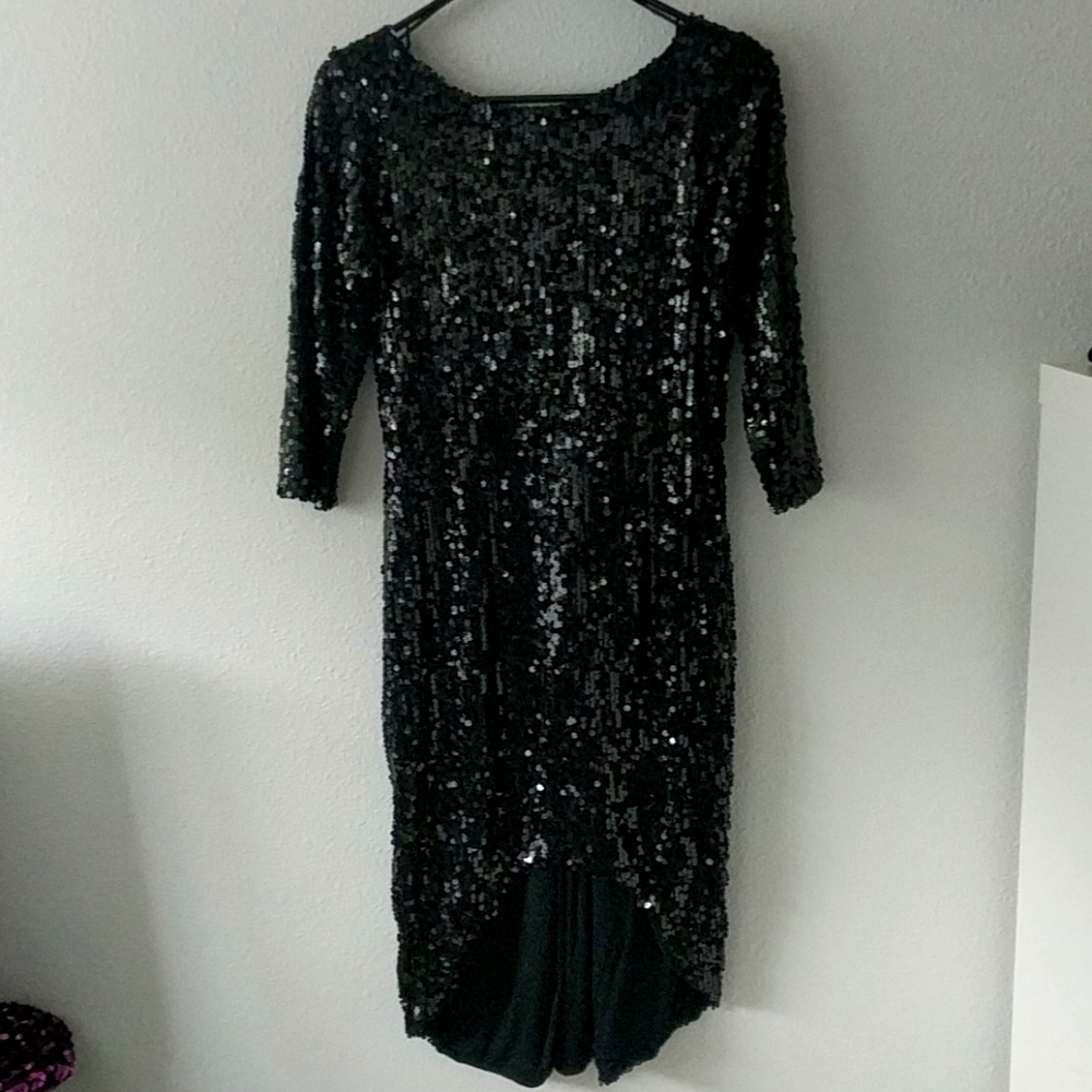 Black sequined 3/4 sleeve, high low cocktail dress